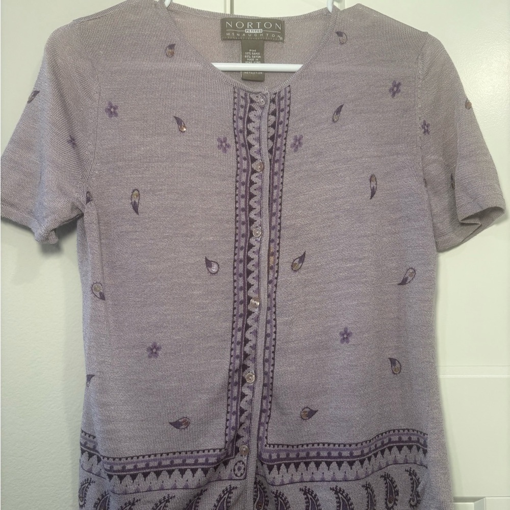Lavender Embroidered Short-Sleeve Top Lightweight Petite M work wear cottagecore